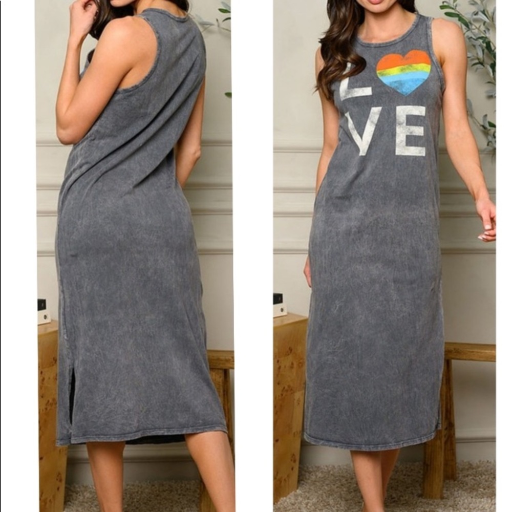 NEW! LOVE Rainbow 🌈 Heart Charcoal Gray Tank MIDI Dress S M L
